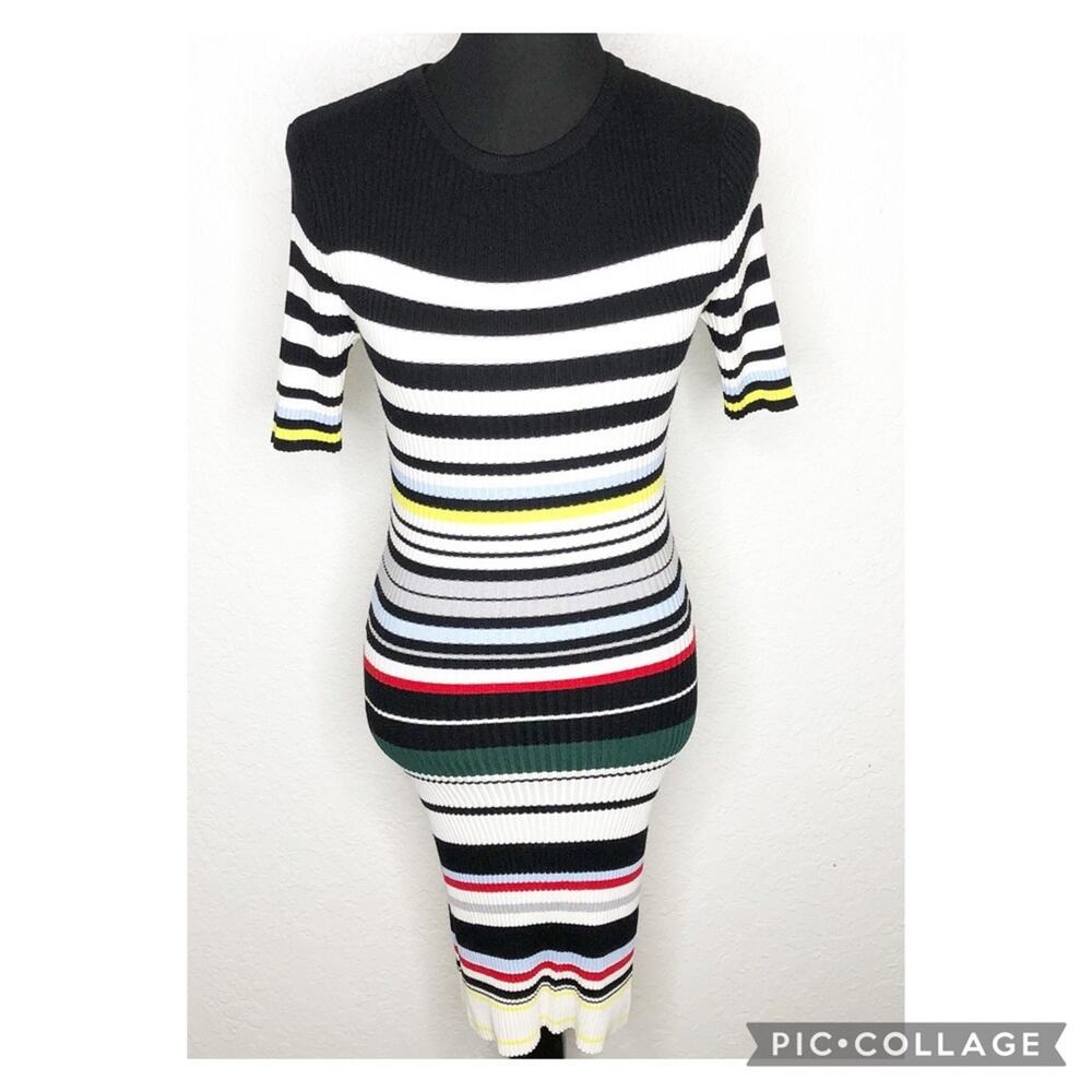 English Factory black white multicolor striped ribbed knit midi dress size Small